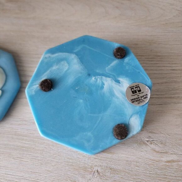 Vtg 3.75" Design Gift Int. Soapstone Blue Swirl Trinket Box Ocean Sea Shells - Picture 8 of 10